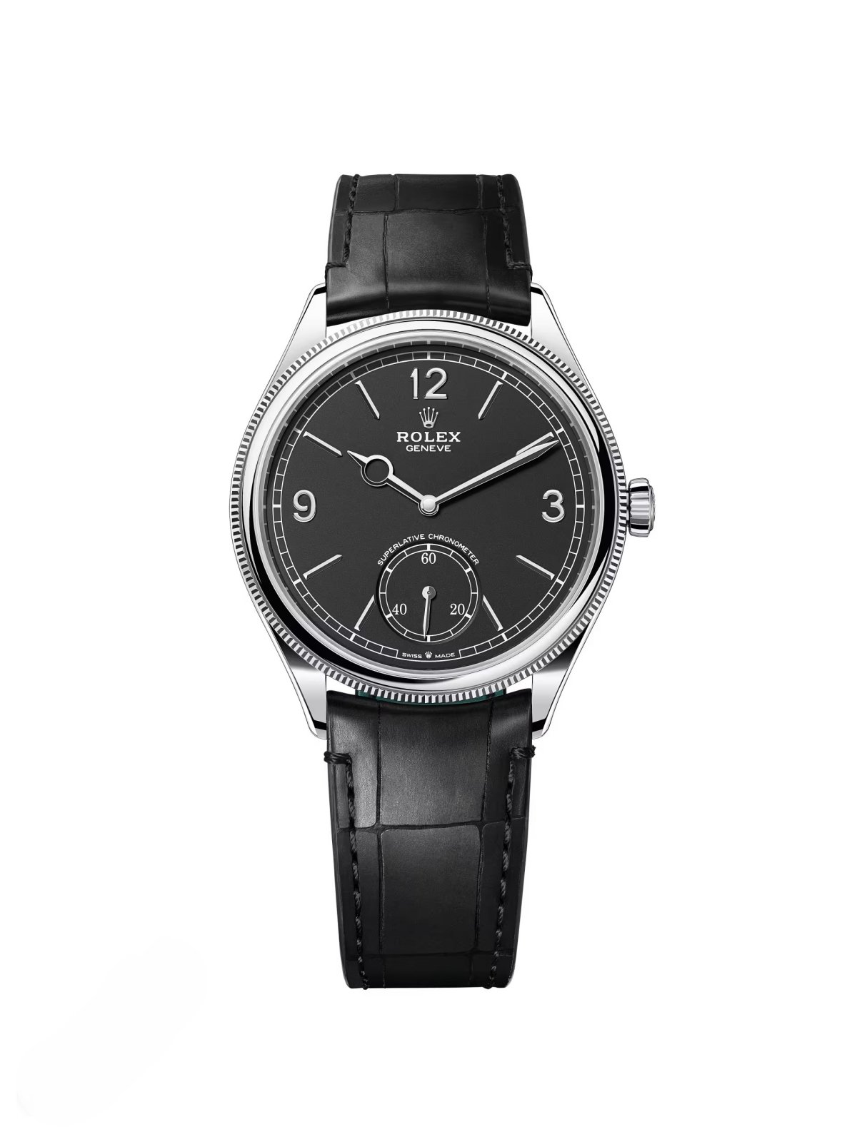 546e970991d44621ed68badb423c37380c5d75d82ef01359ce348f572ee4b711 Rolex 1908 White Gold Black Dial Black Alligator Strap ¨C 52509-0002 - Image 1