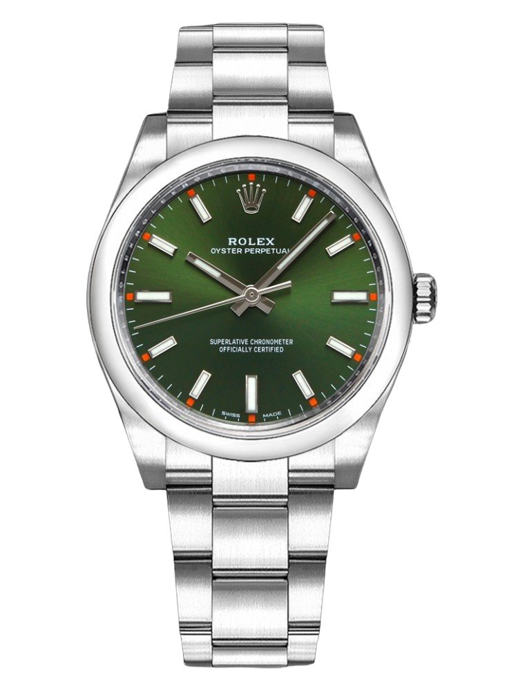 da9112b6b9c324dfc1474988d17fb308099edd60980a4e11a0390e5fe2fe7804 Rolex Oyster Perpetual Air-King 114200 Olive Green Index Dial 34mm Unisex Watch - Image 1